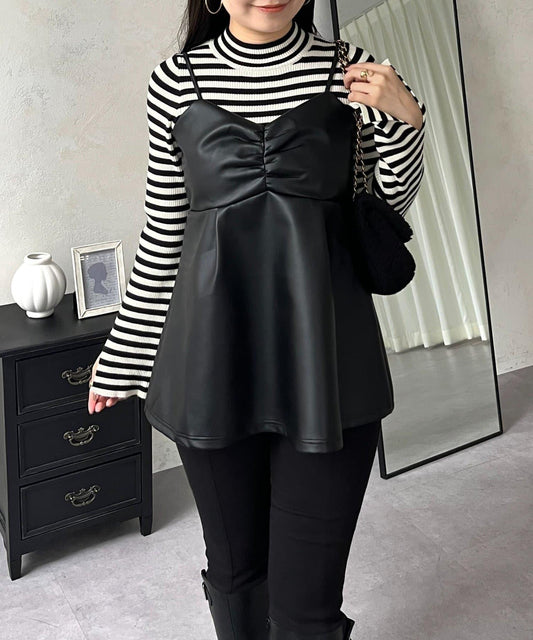 前褶皺荷葉邊皮革吊帶上衣