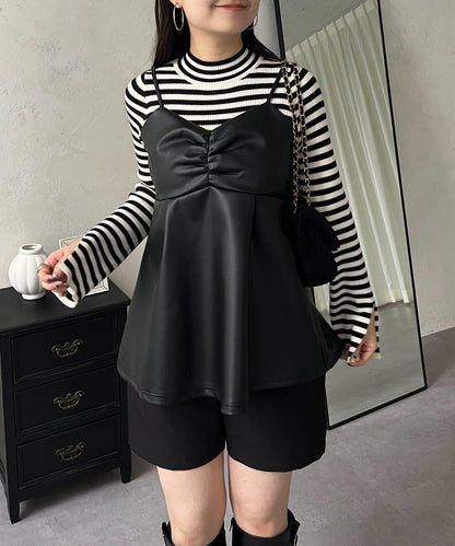 前褶皺荷葉邊皮革吊帶上衣