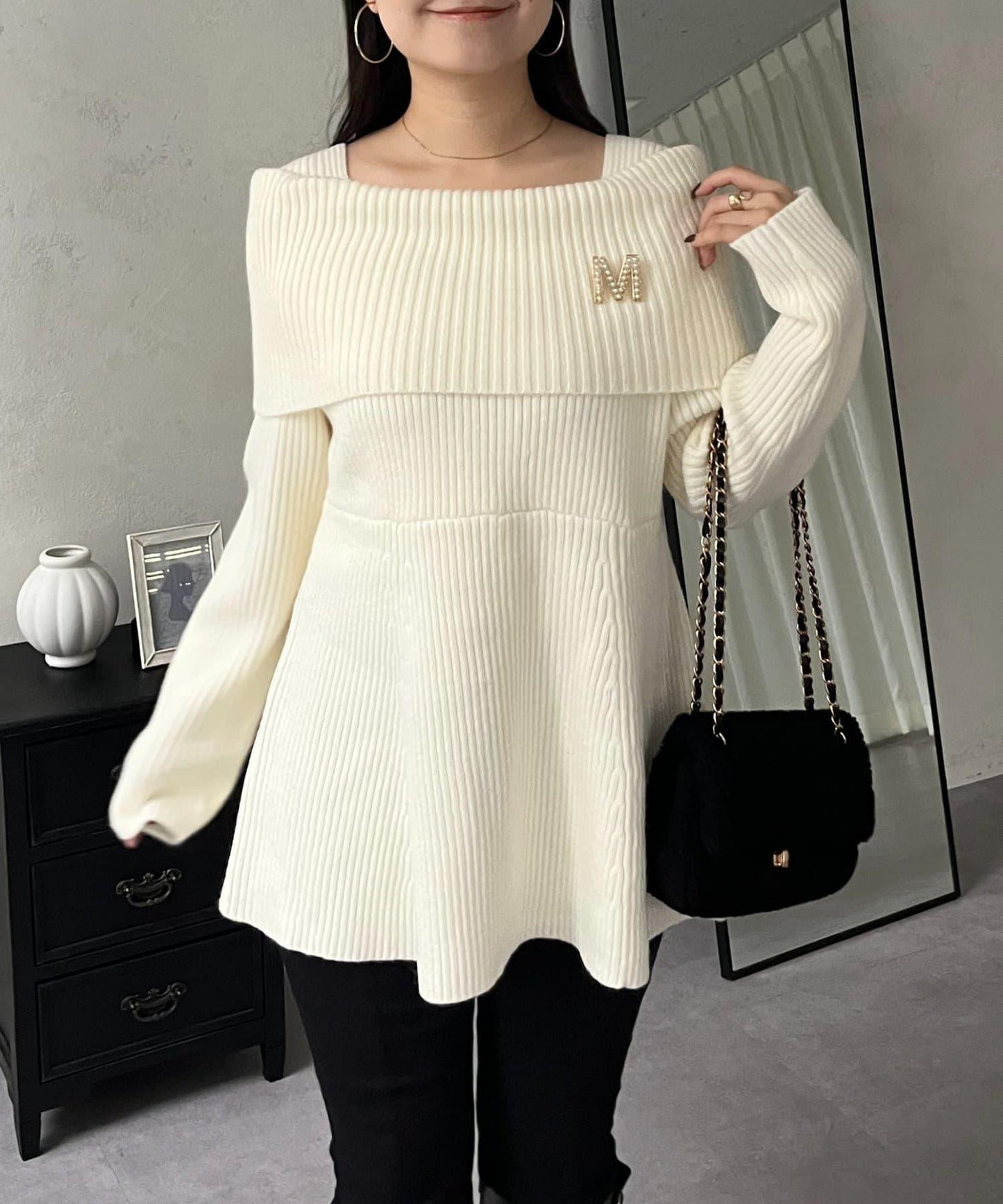 【防靜電】一字肩荷葉邊針織衫