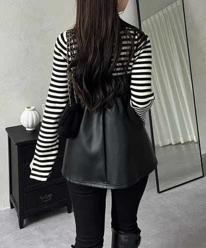 前褶皺荷葉邊皮革吊帶上衣