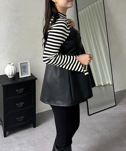 前褶皺荷葉邊皮革吊帶上衣