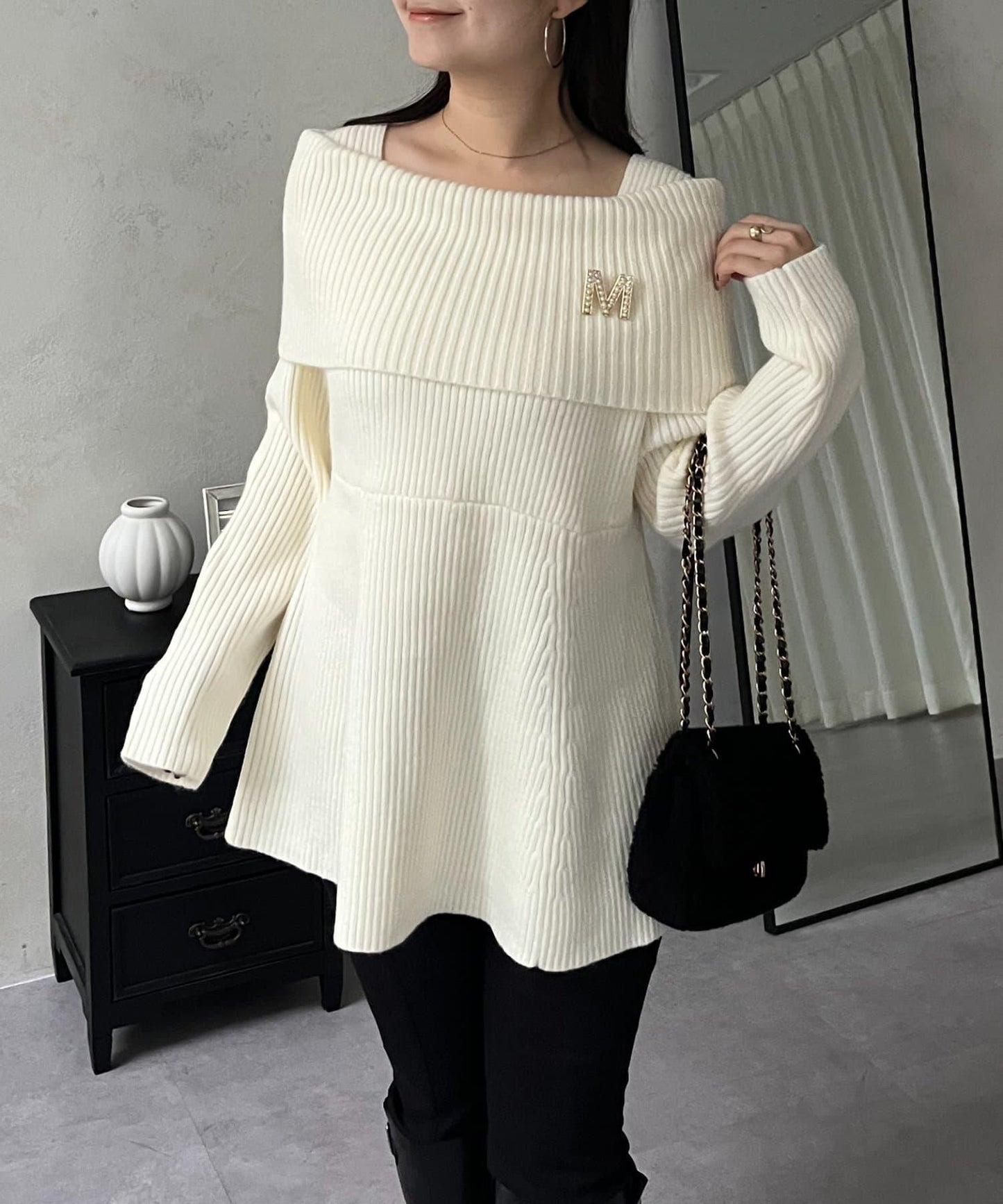 【防靜電】一字肩荷葉邊針織衫