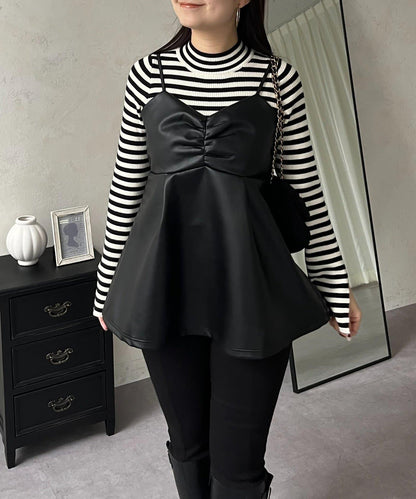 前褶皺荷葉邊皮革吊帶上衣