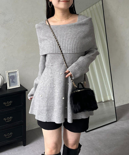 【防靜電】下襬珍珠一字肩荷葉邊針織衫