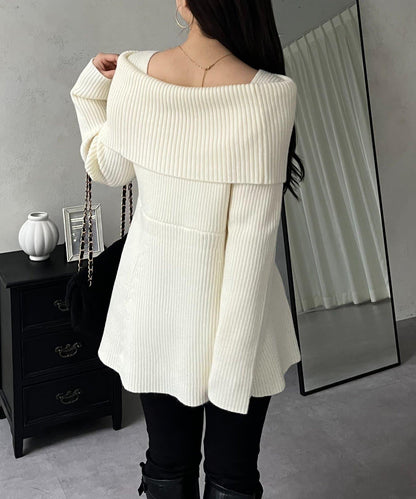 【防靜電】一字肩荷葉邊針織衫
