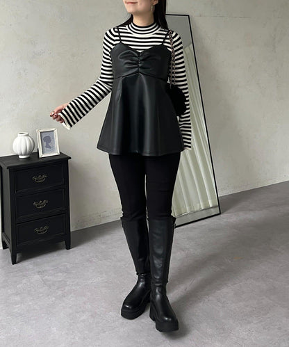 前褶皺荷葉邊皮革吊帶上衣