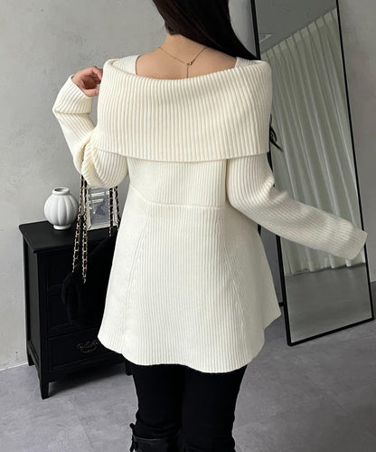 【防靜電】一字肩荷葉邊針織衫