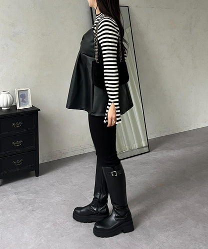 前褶皺荷葉邊皮革吊帶上衣