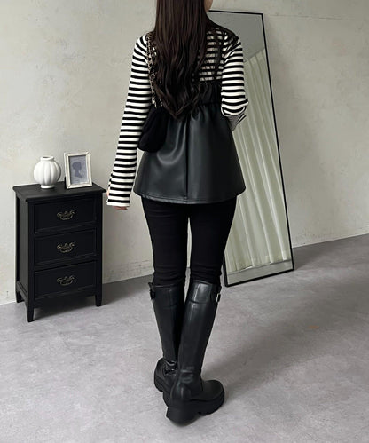 前褶皺荷葉邊皮革吊帶上衣