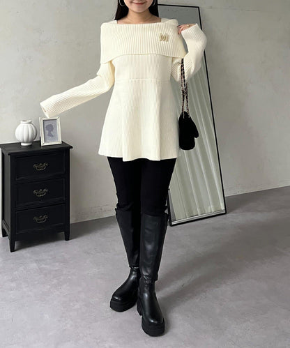 【防靜電】一字肩荷葉邊針織衫