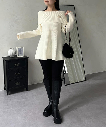 【防靜電】一字肩荷葉邊針織衫