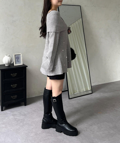 【防靜電】下襬珍珠一字肩荷葉邊針織衫