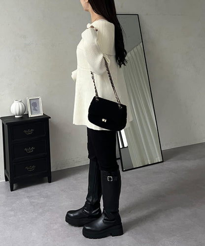 【防靜電】一字肩荷葉邊針織衫