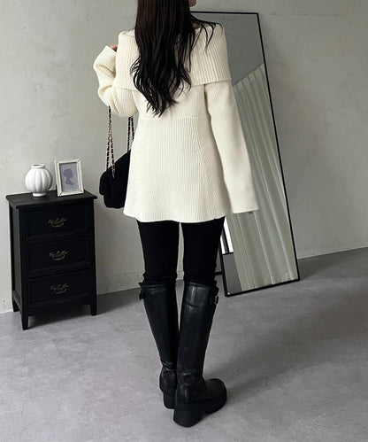 【防靜電】一字肩荷葉邊針織衫