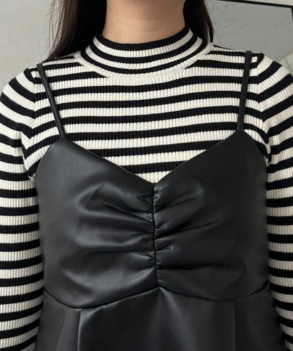 前褶皺荷葉邊皮革吊帶上衣