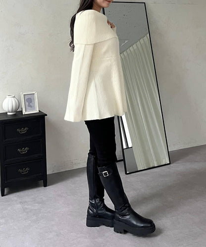 【防靜電】一字肩荷葉邊針織衫