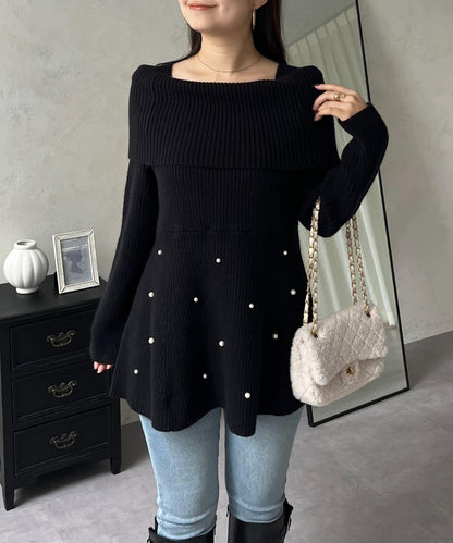 【防靜電】下襬珍珠一字肩荷葉邊針織衫