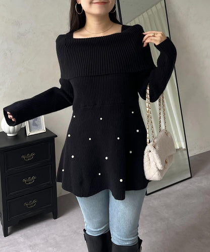 【防靜電】下襬珍珠一字肩荷葉邊針織衫