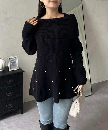 【防靜電】下襬珍珠一字肩荷葉邊針織衫