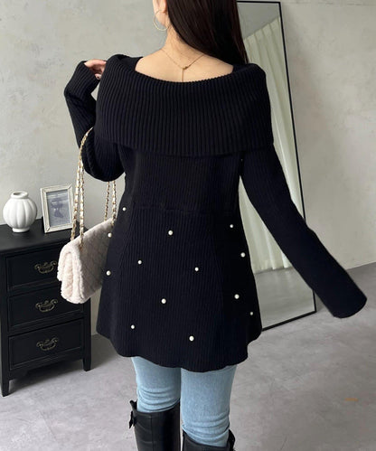 【防靜電】下襬珍珠一字肩荷葉邊針織衫