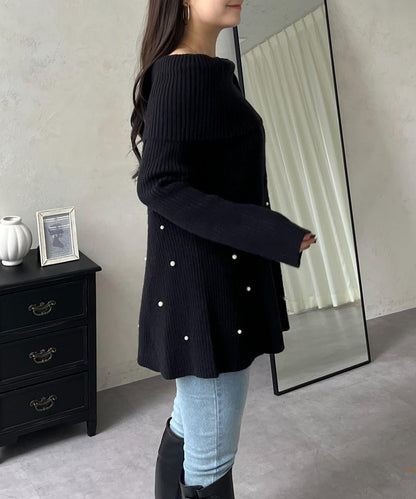 【防靜電】下襬珍珠一字肩荷葉邊針織衫
