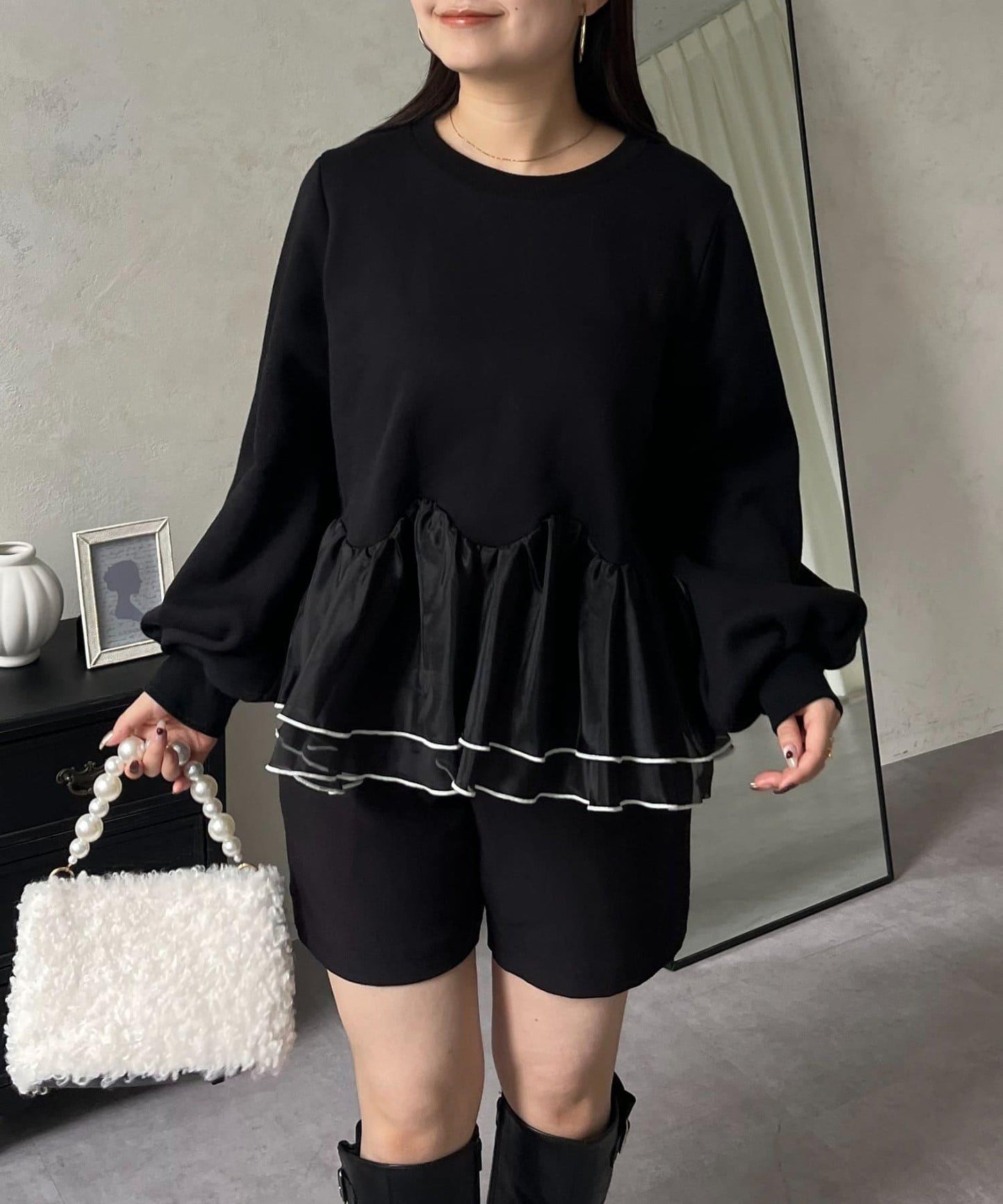 拼色下襬荷葉邊衛衣