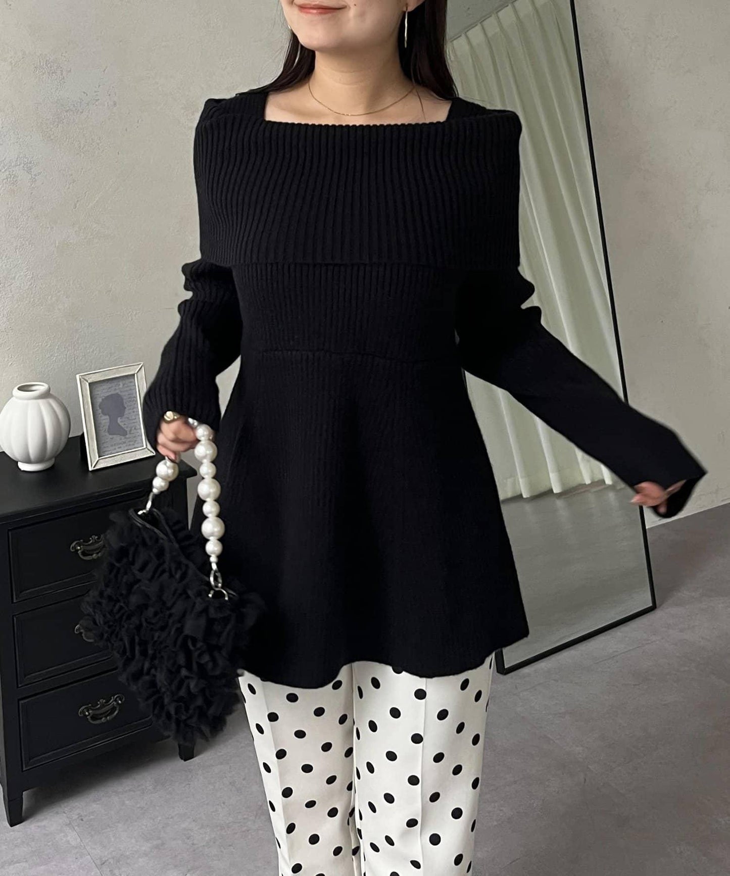 【防靜電】一字肩荷葉邊針織衫