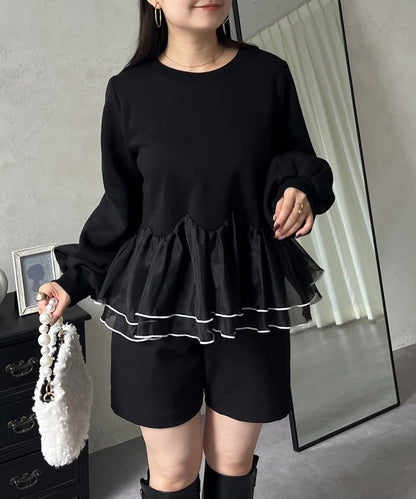 拼色下襬荷葉邊衛衣