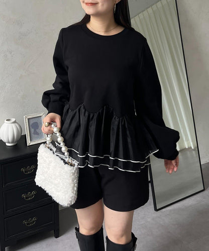 拼色下襬荷葉邊衛衣