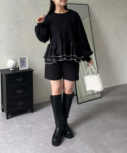 拼色下襬荷葉邊衛衣