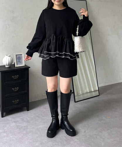 拼色下襬荷葉邊衛衣