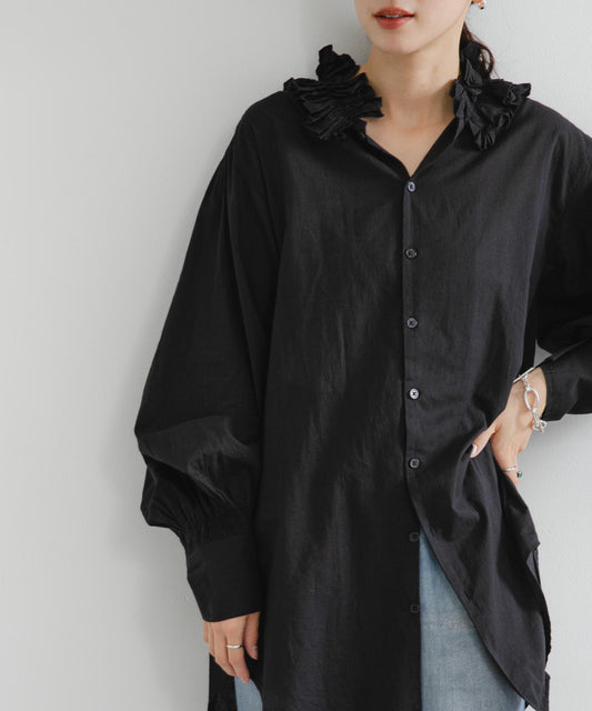 褶皺棉質荷葉邊領襯衫