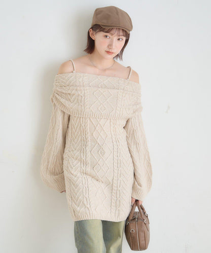 【mystic】[mline]一字肩麻花針織連衣裙