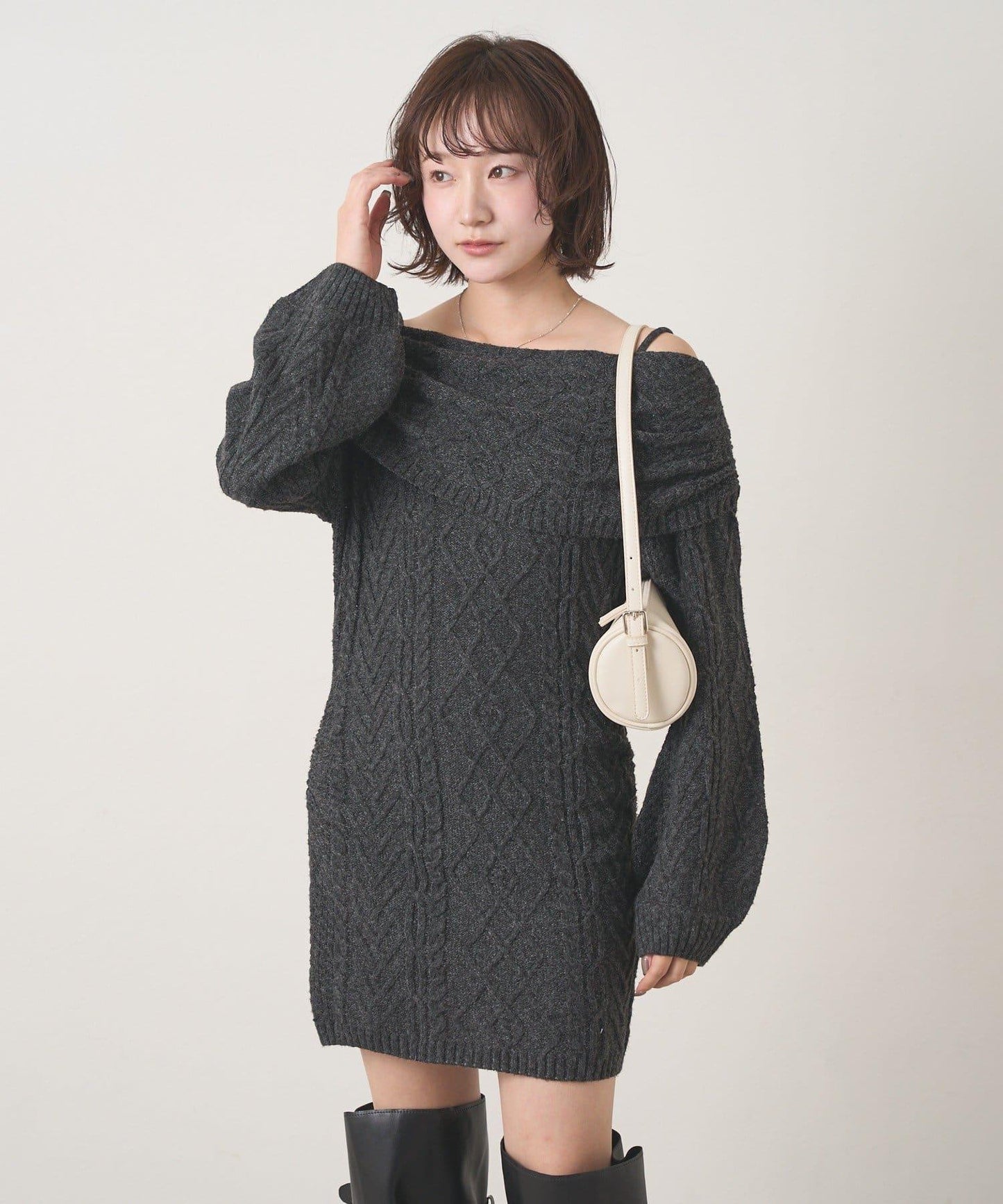【mystic】[mline]一字肩麻花針織連衣裙