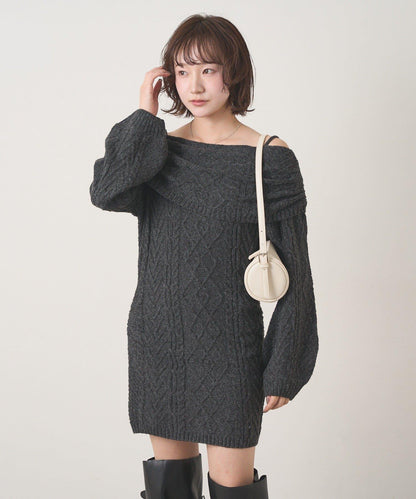 【mystic】[mline]一字肩麻花針織連衣裙