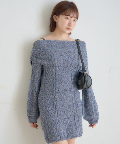 【mystic】[mline]一字肩麻花針織連衣裙