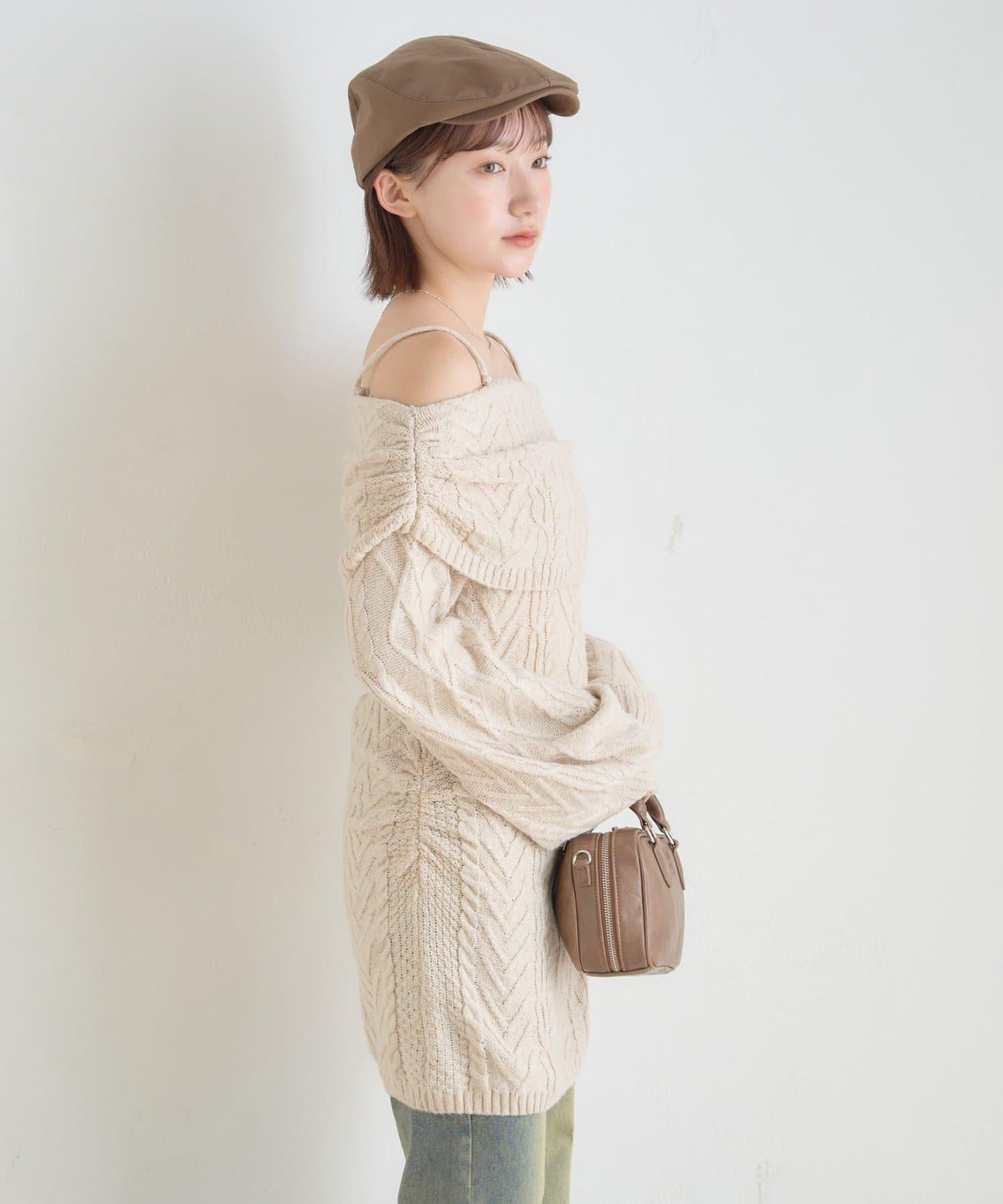 【mystic】[mline]一字肩麻花針織連衣裙