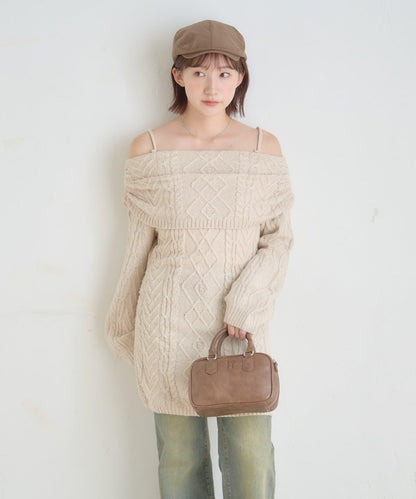 【mystic】[mline]一字肩麻花針織連衣裙