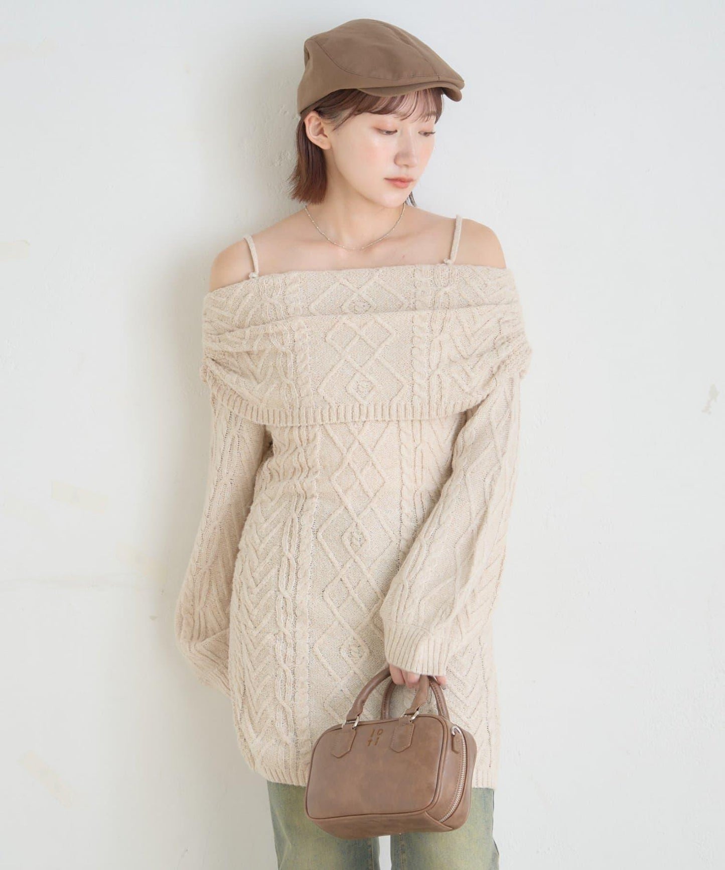 【mystic】[mline]一字肩麻花針織連衣裙