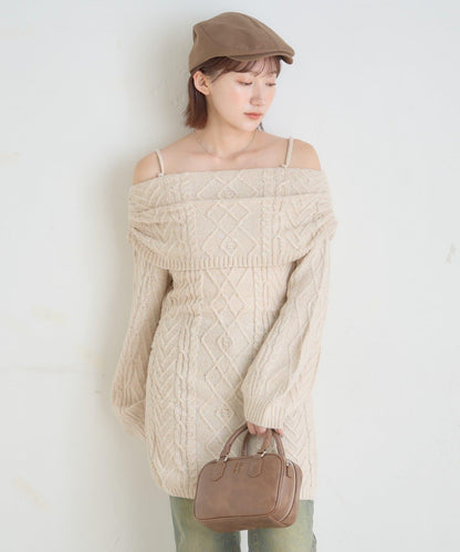 【mystic】[mline]一字肩麻花針織連衣裙