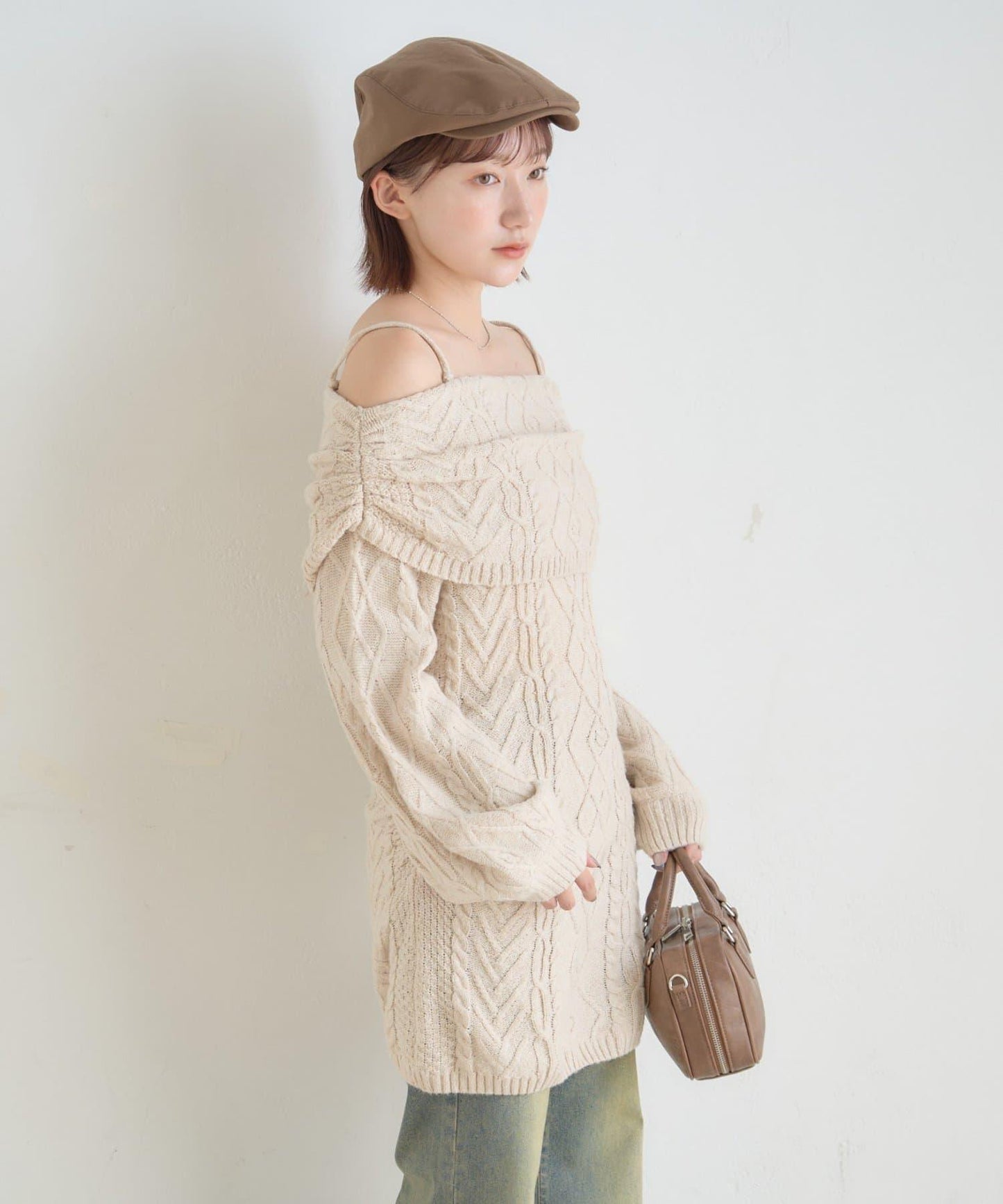 【mystic】[mline]一字肩麻花針織連衣裙