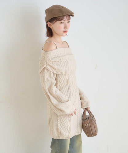 【mystic】[mline]一字肩麻花針織連衣裙