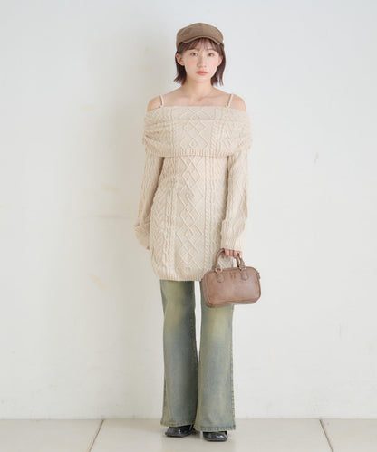 【mystic】[mline]一字肩麻花針織連衣裙