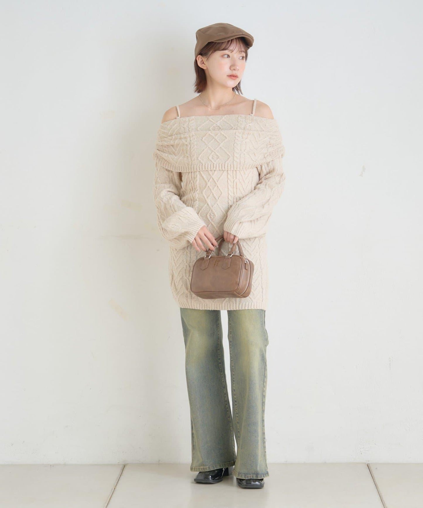 【mystic】[mline]一字肩麻花針織連衣裙