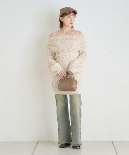 【mystic】[mline]一字肩麻花針織連衣裙