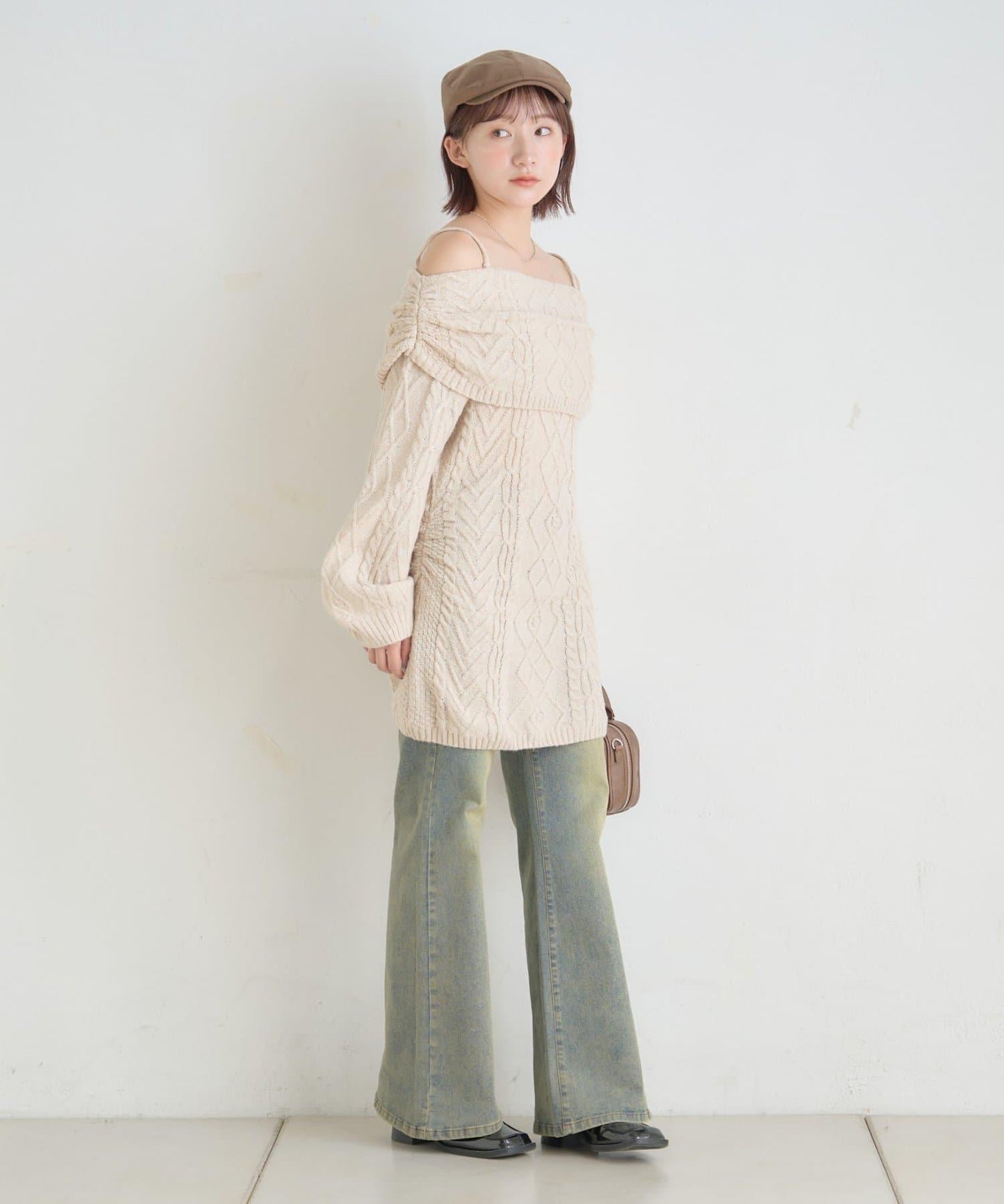 【mystic】[mline]一字肩麻花針織連衣裙