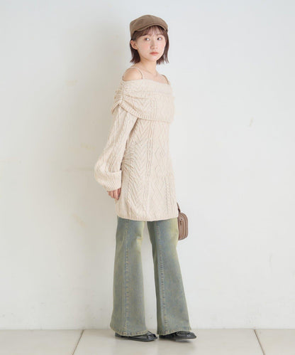 【mystic】[mline]一字肩麻花針織連衣裙