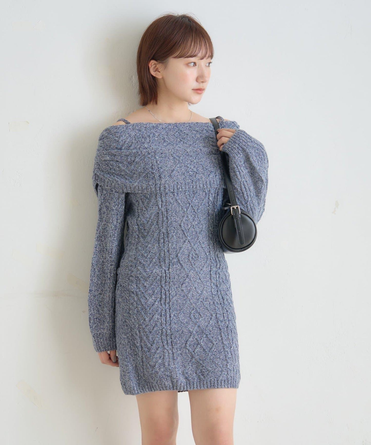 【mystic】[mline]一字肩麻花針織連衣裙