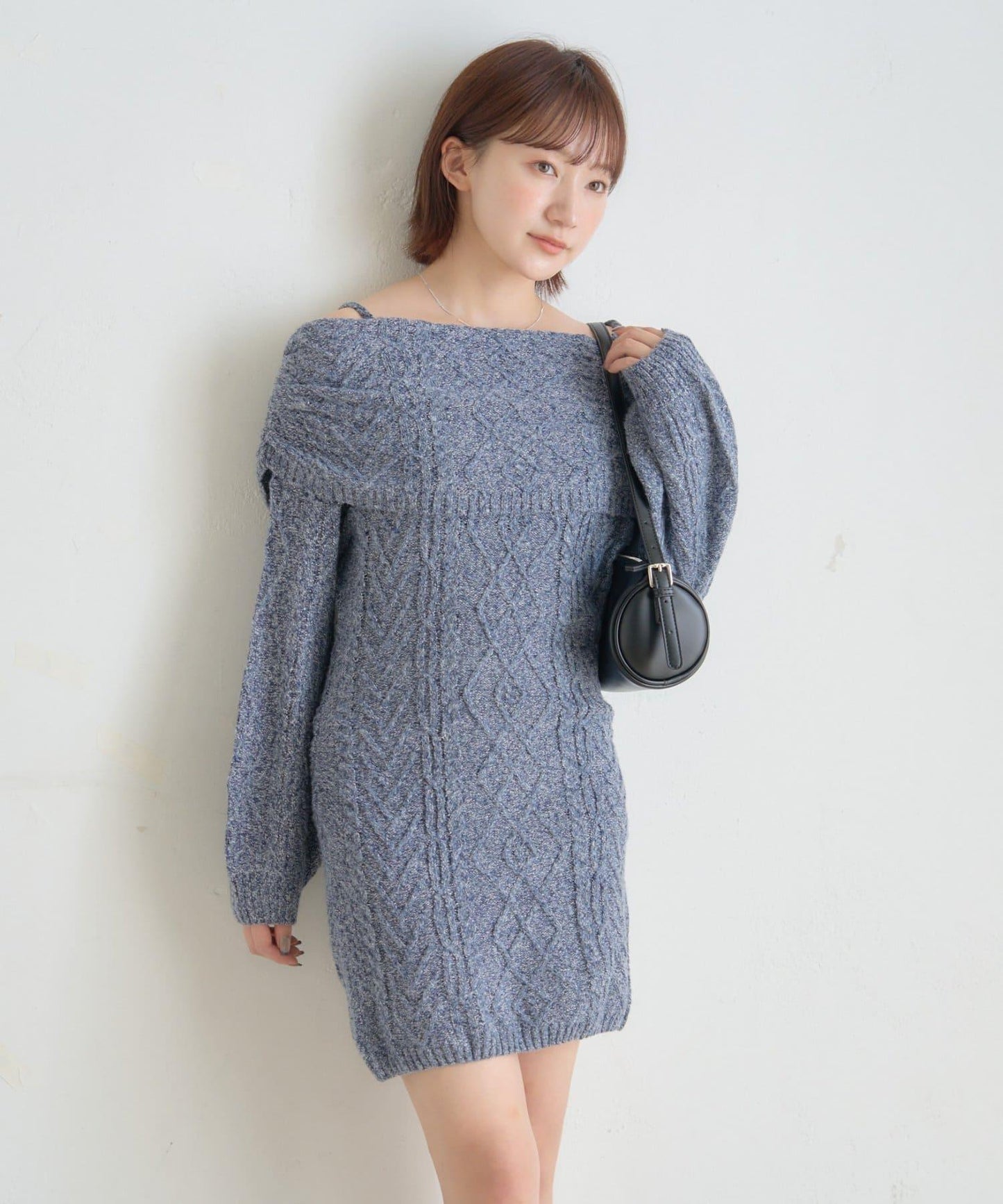【mystic】[mline]一字肩麻花針織連衣裙