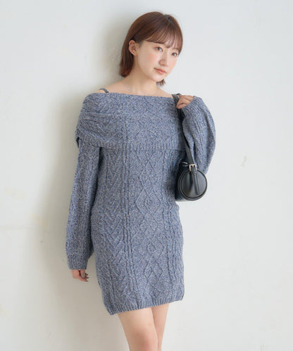 【mystic】[mline]一字肩麻花針織連衣裙